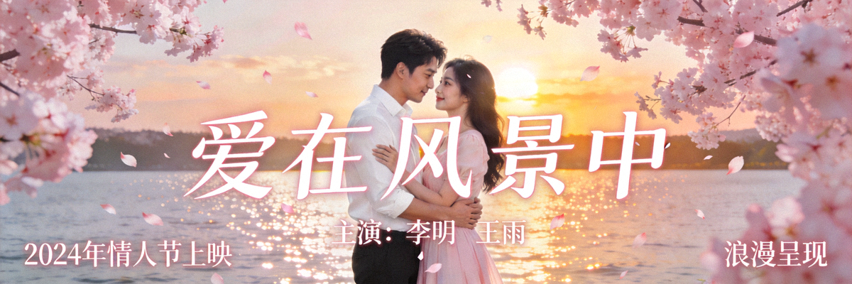 浪漫爱情剧海报：男女主角在美丽风景中相拥